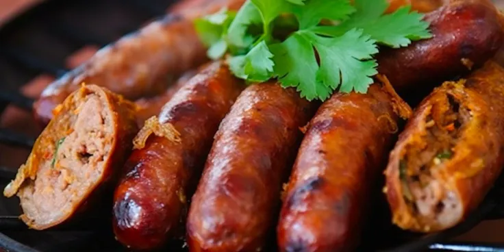 Sai Oua is a popular street food in Chiang Mai made from ground pork marinated with galangal, chilli, lemongrass, and Thai Kaffir lime leaves.