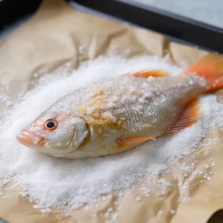 Lay a piece of parchment paper on a baking sheet. Spread a thin layer of the salt mixture on the parchment paper, about the size of the fish.